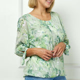 3/4 Tie Sleeve Pleat Neck Floral Foil Bubble Blouse in Sage/Cream Watercolor - Plus