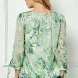3/4 Tie Sleeve Pleat Neck Floral Foil Bubble Blouse in Sage/Cream Watercolor