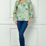 3/4 Tie Sleeve Pleat Neck Floral Foil Bubble Blouse in Sage/Cream Watercolor