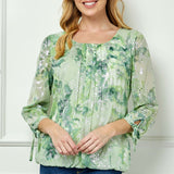 3/4 Tie Sleeve Pleat Neck Floral Foil Bubble Blouse in Sage/Cream Watercolor