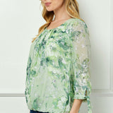 3/4 Tie Sleeve Pleat Neck Floral Foil Bubble Blouse in Sage/Cream Watercolor