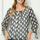 Bubble Hem 3/4 Tie Sleeve Blouse - White