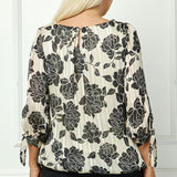 Bubble Hem 3/4 Tie Sleeve Blouse in Beige - Plus