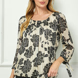 Bubble Hem 3/4 Tie Sleeve Blouse in Beige