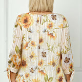 3/4 Tie Sleeve Pleat Neck Bubble Blouse in Yellow Pansy - Plus