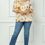 3/4 Tie Sleeve Pleat Neck Bubble Blouse in Yellow Pansy - Plus