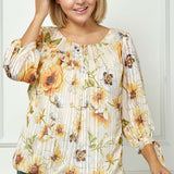 3/4 Tie Sleeve Pleat Neck Bubble Blouse in Yellow Pansy - Plus