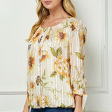3/4 Tie Sleeve Pleat Neck Bubble Blouse in Yellow Pansy