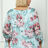 3/4 Tie Sleeve Pleat Neck Bubble Blouse in Mint Roses - Plus