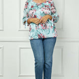 3/4 Tie Sleeve Pleat Neck Bubble Blouse in Mint Roses - Plus