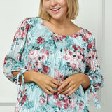3/4 Tie Sleeve Pleat Neck Bubble Blouse in Mint Roses - Plus