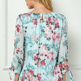 3/4 Tie Sleeve Pleat Neck Bubble Blouse in Mint Roses