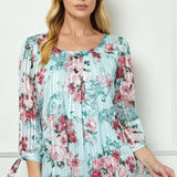 3/4 Tie Sleeve Pleat Neck Bubble Blouse in Mint Roses