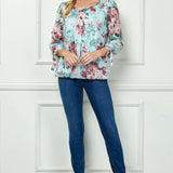 3/4 Tie Sleeve Pleat Neck Bubble Blouse in Mint Roses