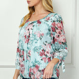 3/4 Tie Sleeve Pleat Neck Bubble Blouse in Mint Roses