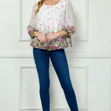 3/4 Tie Sleeve Pleat Neck Border Print Bubble Blouse in White/Purple/Sage