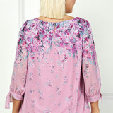 3/4 Tie Sleeve Pleat Neck Bubble Blouse in Pink - Plus