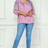 3/4 Tie Sleeve Pleat Neck Bubble Blouse in Pink - Plus