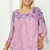 3/4 Tie Sleeve Pleat Neck Bubble Blouse in Pink - Plus