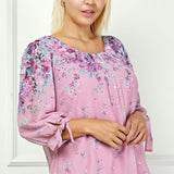 3/4 Tie Sleeve Pleat Neck Bubble Blouse in Pink - Plus