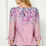3/4 Tie Sleeve Pleat Neck Bubble Blouse in Pink