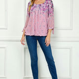 3/4 Tie Sleeve Pleat Neck Bubble Blouse in Pink