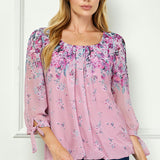 3/4 Tie Sleeve Pleat Neck Bubble Blouse in Pink