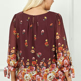 3/4 Tie Sleeve Pleat Neck Bubble Blouse in Burgundy - Plus