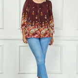 3/4 Tie Sleeve Pleat Neck Bubble Blouse in Burgundy - Plus