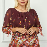 3/4 Tie Sleeve Pleat Neck Bubble Blouse in Burgundy - Plus