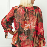 3/4 Tie Sleeve Pleat Neck Bubble Blouse in Red - Plus
