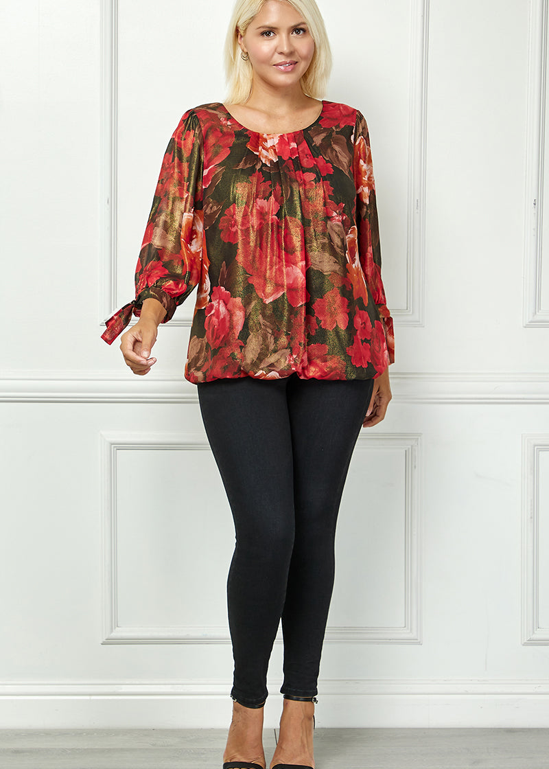 3/4 Tie Sleeve Pleat Neck Bubble Blouse in Red - Plus
