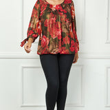 3/4 Tie Sleeve Pleat Neck Bubble Blouse in Red - Plus