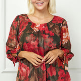 3/4 Tie Sleeve Pleat Neck Bubble Blouse in Red - Plus
