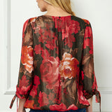 3/4 Tie Sleeve Pleat Neck Bubble Blouse in Red
