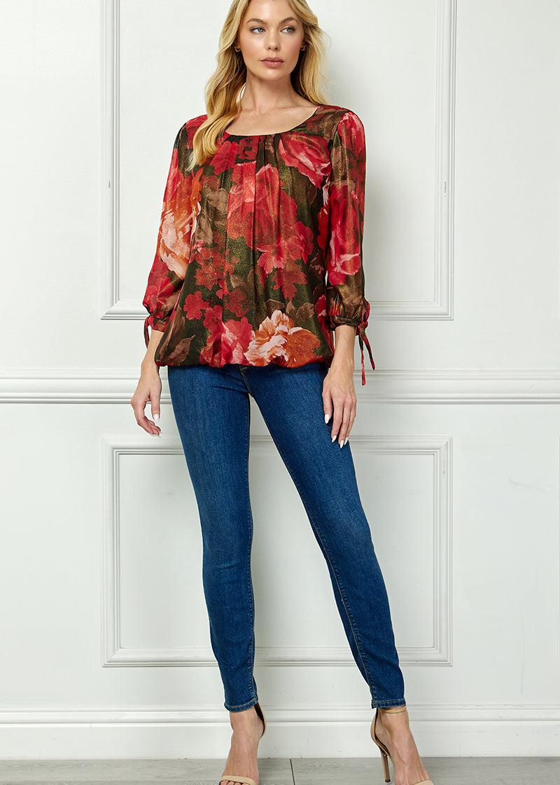 3/4 Tie Sleeve Pleat Neck Bubble Blouse in Red