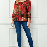 3/4 Tie Sleeve Pleat Neck Bubble Blouse in Red