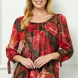 3/4 Tie Sleeve Pleat Neck Bubble Blouse in Red