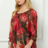 3/4 Tie Sleeve Pleat Neck Bubble Blouse in Red