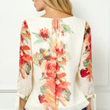 3/4 Tie Sleeve Pleat Neck Bubble Blouse in Cream