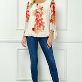 3/4 Tie Sleeve Pleat Neck Bubble Blouse in Cream