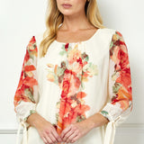 3/4 Tie Sleeve Pleat Neck Bubble Blouse in Cream