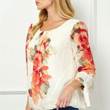 3/4 Tie Sleeve Pleat Neck Bubble Blouse in Cream