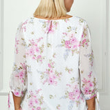 3/4 Tie Sleeve Pleat Neck Bubble Blouse in Ivory - Plus