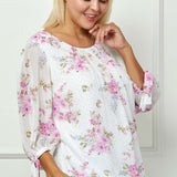 3/4 Tie Sleeve Pleat Neck Bubble Blouse in Ivory - Plus