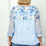 3/4 Tie Sleeve Pleat Neck Border Print Bubble Blouse in Blue - Plus
