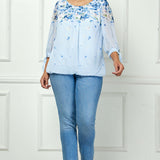 3/4 Tie Sleeve Pleat Neck Border Print Bubble Blouse in Blue - Plus