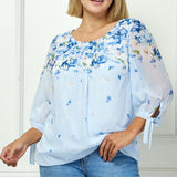 3/4 Tie Sleeve Pleat Neck Border Print Bubble Blouse in Blue - Plus