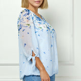 3/4 Tie Sleeve Pleat Neck Border Print Bubble Blouse in Blue - Plus