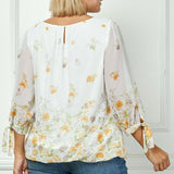 3/4 Tie Sleeve Pleat Neck Border Print Bubble Blouse in Ivory/Yellow/Taupe - Plus